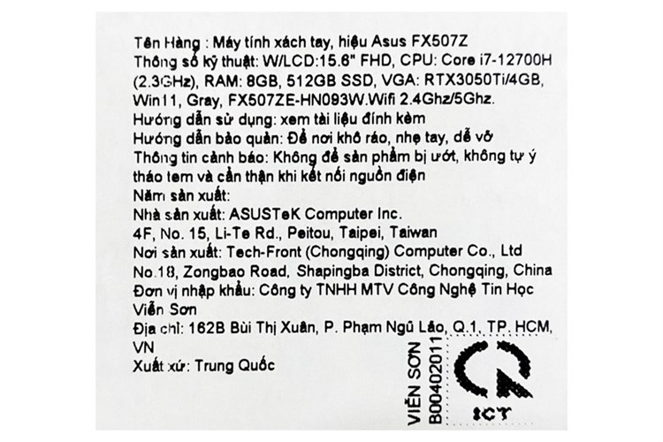 Laptop Asus TUF Gaming F15 FX507ZE i7 12700H/8GB/512GB/4GB RTX3050Ti/144Hz/Win11 (HN093W) Màu Xám