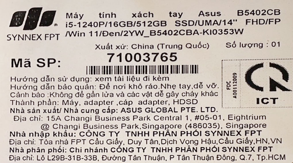 Laptop Asus ExpertBook B5402CB i5 1240P/16GB/512GB/Win11 (KI0353W) Màu Đen
