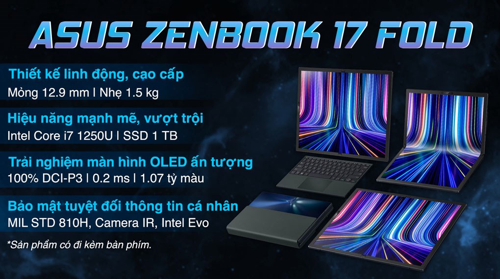 Laptop Asus Zenbook 17 Fold OLED UX9702AA i7 1250U/16GB/1TB/Touch/Cáp/Túi/Win11 (MD014W)