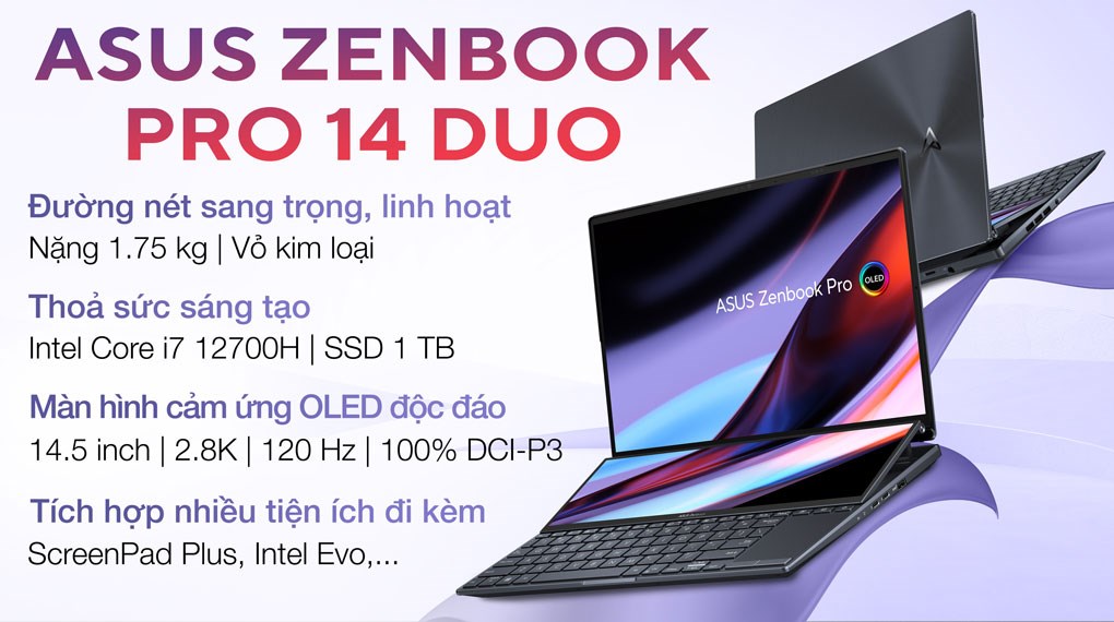 Laptop Asus Zenbook Pro 14 Duo OLED UX8402ZE i7 12700H/16GB/1TB/4GB RTX3050Ti/Touch/Pen/Túi/Win11 (M3044W)