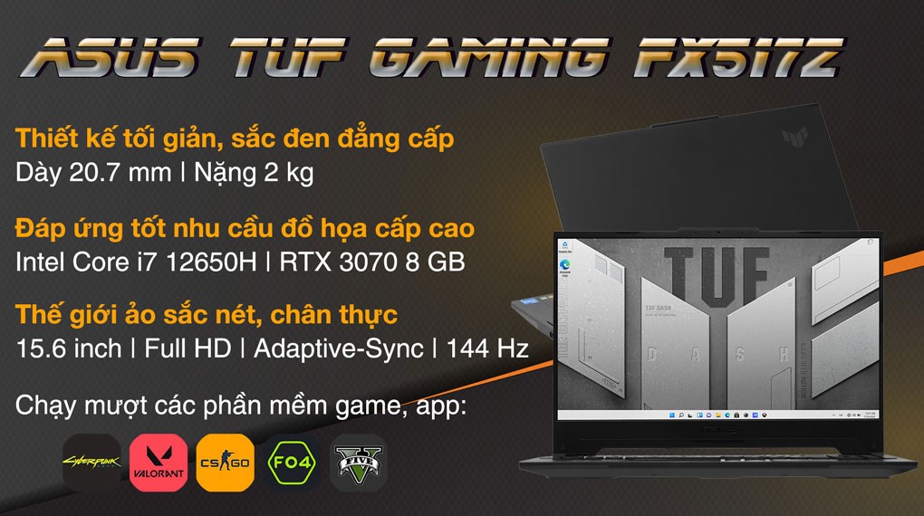 Laptop Asus Gaming TUF Dash F15 FX517ZR i7 12650H/8GB/512GB/8GB RTX3070/144Hz/Win11 (HN086W) hover