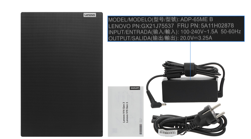 Bộ sản phẩm gồm: Sách hướng dẫn, Thùng máy, Sạc Laptop Lenovo ( 65W )