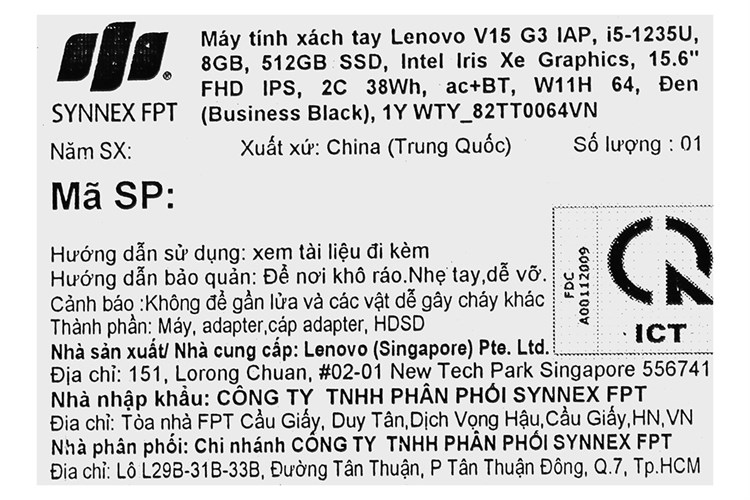 Laptop Lenovo V15 G3 IAP i5 1235U/8GB/512GB/Win11 (82TT0064VN) Màu Đen