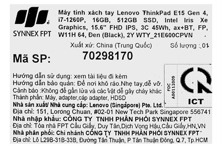 Laptop Lenovo ThinkPad E15 Gen 4 i7 1260P/16GB/512GB/Win11 (21E600CPVN) Màu Đen