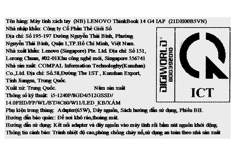 Laptop Lenovo ThinkBook 14 G4 IAP i5 1240P/8GB/512GB/Win11 (21DH00B5VN) Màu Xám