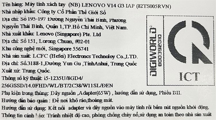 Laptop Lenovo V14 G3 IAP i5 1235U/8GB/256GB/Win11 (82TS005RVN) Màu Đen