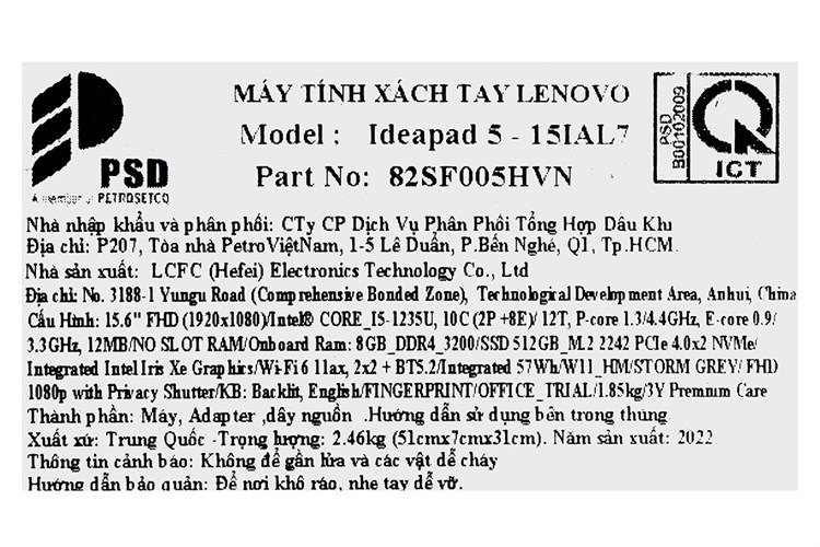 Laptop Lenovo Ideapad 5 15IAL7 i5 1235U/8GB/512GB/Win11 (82SF005HVN) Màu Xám