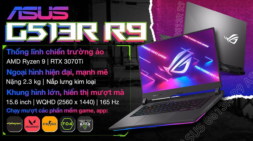 Laptop Asus Gaming ROG Strix G15 G513R R9 6900HX/16GB/1TB/8GB RTX3070Ti/165Hz/Balo/Win11 (HQ152W)