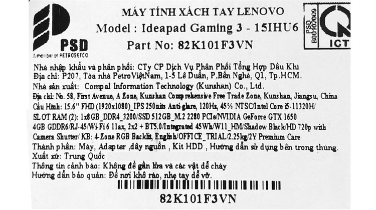 Laptop Lenovo Ideapad Gaming 3 15IHU6 i5 11320H/8GB/512GB/4GB GTX1650/120Hz/Win11 (82K101F3VN) Màu Đen