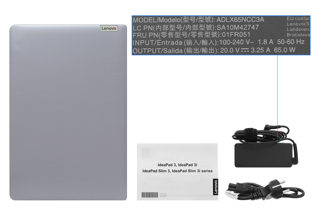 Bộ sản phẩm gồm: Sách hướng dẫn, Thùng máy, Sạc Laptop Lenovo ( 65W )