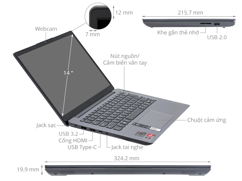 Laptop Lenovo Ideapad 3 14ABA7 R5 5625U/8GB/256GB/Win11 (82RM003WVN)