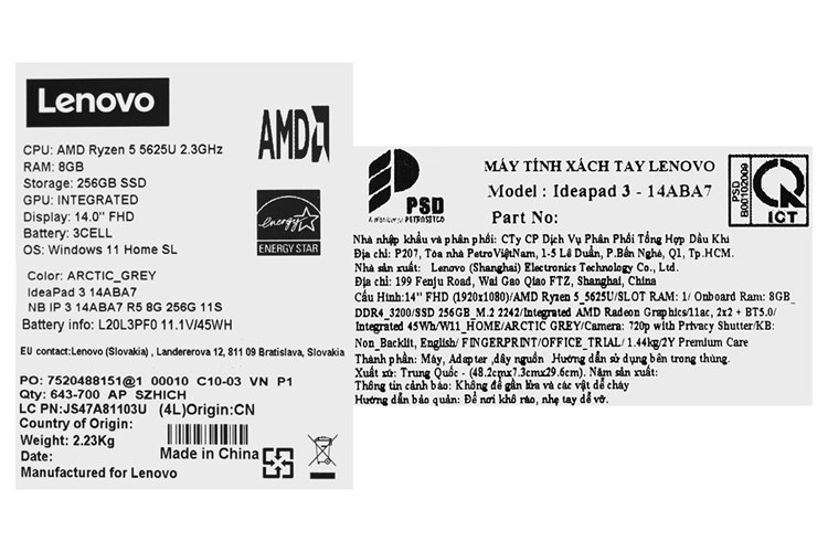 Laptop Lenovo Ideapad 3 14ABA7 R5 5625U/8GB/256GB/Win11 (82RM003WVN) Màu Xám