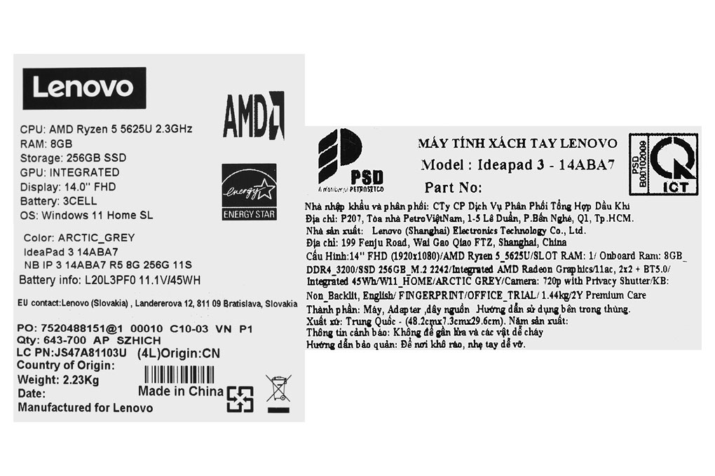 Laptop Lenovo Ideapad 3 14ABA7 R5 5625U/8GB/256GB/Win11 (82RM003WVN) Màu Xám