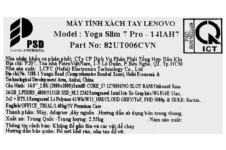 Laptop Lenovo Yoga Slim 7 Pro 14IAH7 i7 12700H/16GB/512GB/Win11 (82UT006CVN) Màu Xám