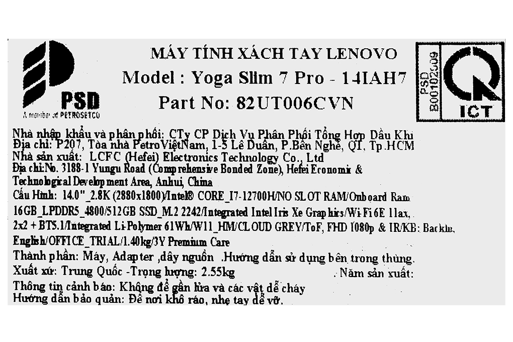Laptop Lenovo Yoga Slim 7 Pro 14IAH7 i7 12700H/16GB/512GB/Win11 (82UT006CVN) Màu Xám