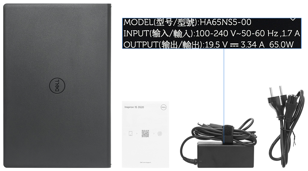 Bộ sản phẩm gồm: Sách hướng dẫn, Thùng máy, Sạc Laptop Dell