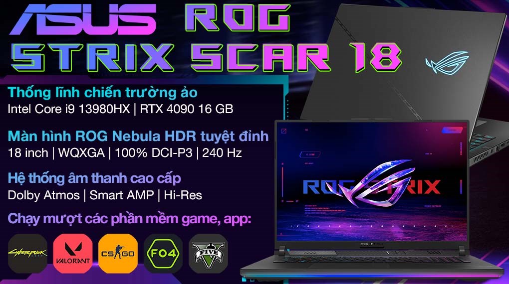 Laptop Asus Gaming ROG Strix SCAR 18 G834JY i9 13980HX/64GB/2TB/16GB RTX4090/240Hz/Balo/Chuột/Win11(N6039W)