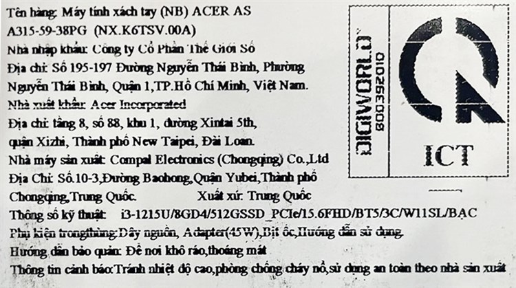 Laptop Acer Aspire 3 A315 59 38PG i3 1215U/8GB/512GB/Win11 (NX.K6TSV.00A) Màu Bạc