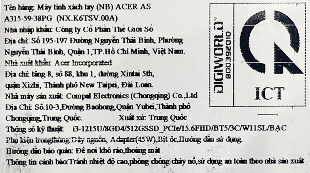 Laptop Acer Aspire 3 A315 59 38PG i3 1215U/8GB/512GB/Win11 (NX.K6TSV.00A) Màu Bạc
