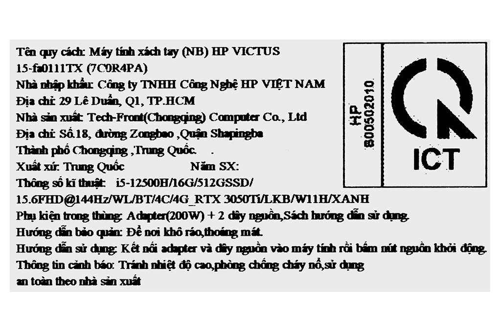 Laptop HP Gaming VICTUS 15 fa0111TX i5 12500H/16GB/512GB/4GB RTX3050Ti/144Hz/Win11 (7C0R4PA) Màu Xanh
