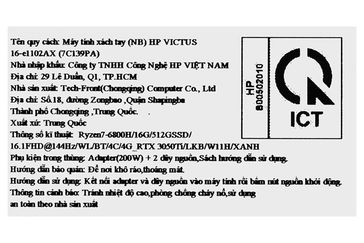 Laptop HP Gaming VICTUS 16 e1102AX R7 6800H/16GB/512GB/4GB RTX3050Ti/144Hz/Win11 (7C139PA) Màu Xanh