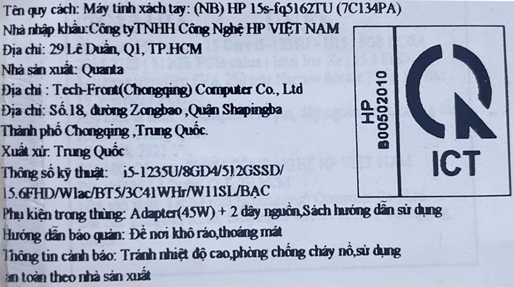 Laptop HP 15s fq5162TU i5 1235U/8GB/512GB/Win11 (7C134PA) Màu Bạc