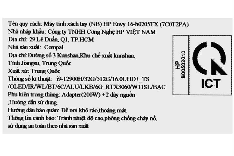 Laptop HP Envy 16 h0205TX i9 12900H/32GB/512GB/6GB RTX3060/Win11 (7C0T2PA) Màu Bạc