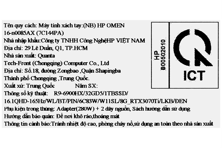 Laptop HP Gaming Omen 16 n0085AX R9 6900HX/32GB/1TB SSD/8GB RTX3070Ti/165Hz/Win11 (7C144PA) Màu Đen