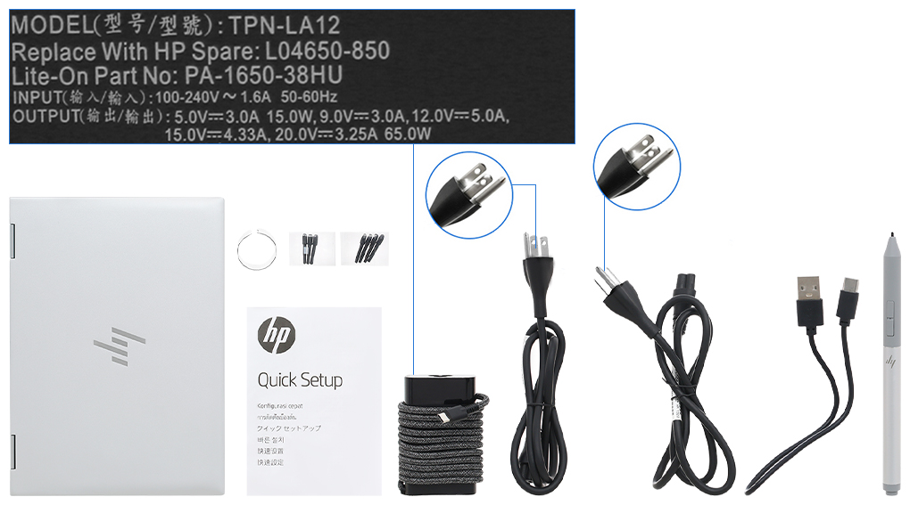 Bộ sản phẩm gồm: Sách hướng dẫn, Thùng máy, Sạc Laptop HP, Bút cảm ứng