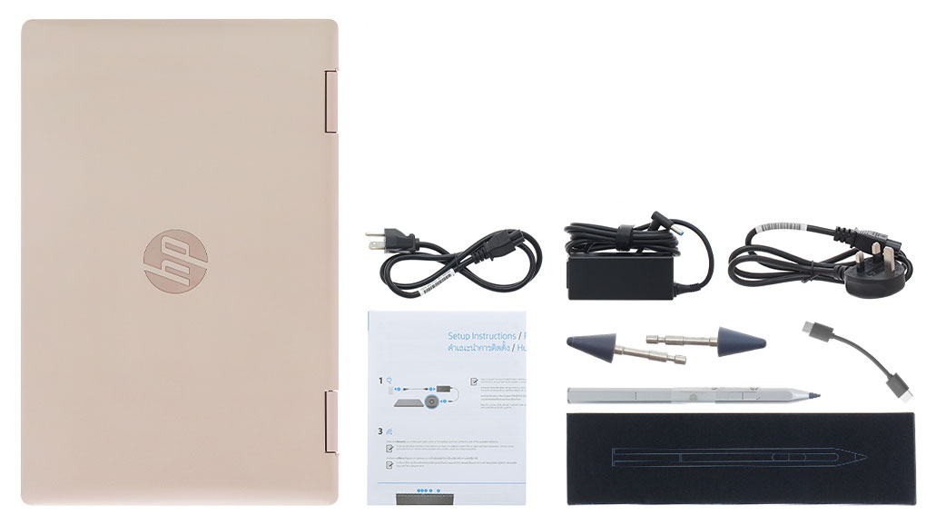 Bộ sản phẩm gồm: Sách hướng dẫn, Thùng máy, Sạc Laptop HP, Bút cảm ứng, Cáp ( Type-C )