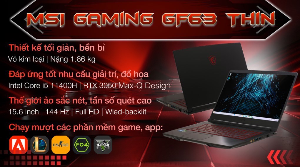 Laptop MSI Gaming GF63 Thin 11UC i5 11400H/8GB/512GB/4GB RTX3050/144Hz/Win11 (1230VN) hover