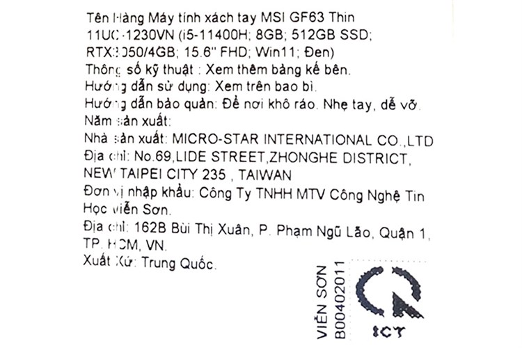 Laptop MSI Gaming GF63 Thin 11UC i5 11400H/8GB/512GB/4GB RTX3050/144Hz/Win11 (1230VN) Màu Đen