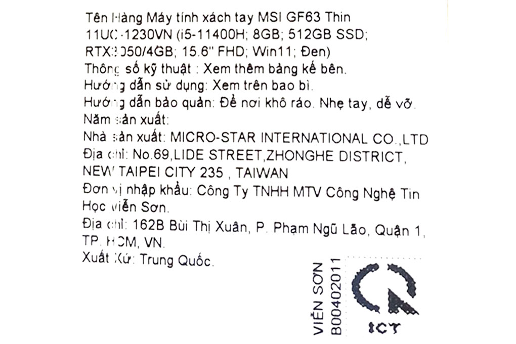 Laptop MSI Gaming GF63 Thin 11UC i5 11400H/8GB/512GB/4GB RTX3050/144Hz/Win11 (1230VN) Màu Đen