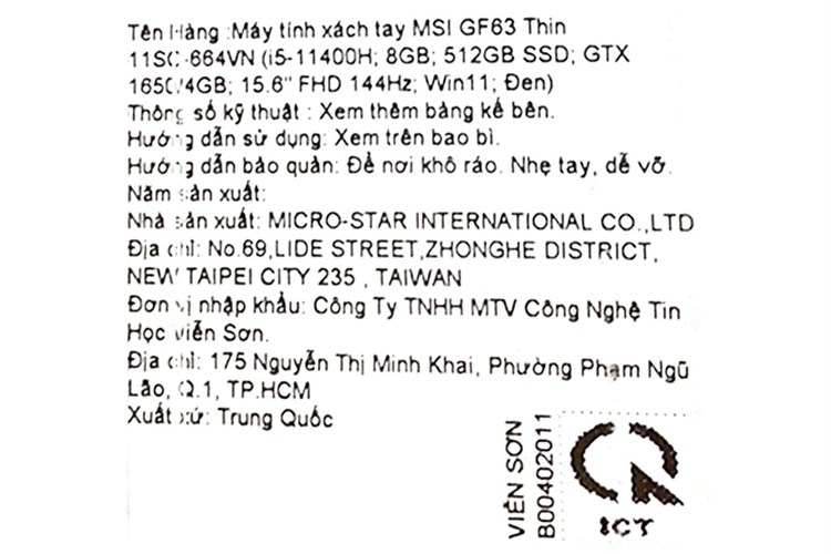 Laptop MSI Gaming GF63 Thin 11SC i5 11400H/8GB/512GB/4GB GTX1650/144Hz/Win11 (664VN) Màu Đen