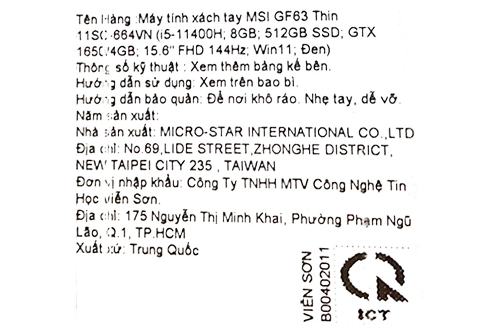 Laptop MSI Gaming GF63 Thin 11SC i5 11400H/8GB/512GB/4GB GTX1650/144Hz/Win11 (664VN) Màu Đen