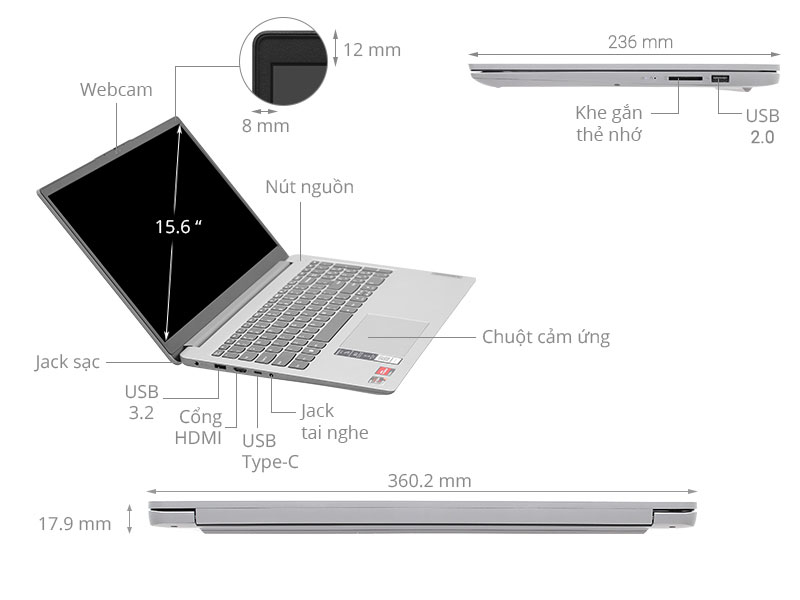 Laptop Lenovo IdeaPad 1 15AMN7 R5 7520U/8GB/256GB/Win11 (82VG0061VN)