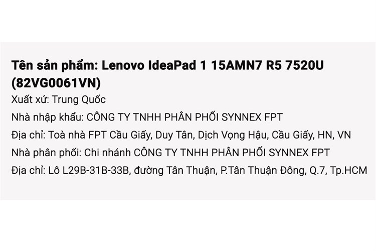 Laptop Lenovo IdeaPad 1 15AMN7 R5 7520U/8GB/256GB/Win11 (82VG0061VN) Màu Xám