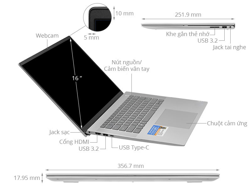Laptop Dell Inspiron 16 5620 i5 1235U/8GB/256GB/OfficeHS/Win11 (P1WKN)