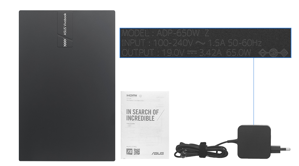 Bộ sản phẩm gồm: Sách hướng dẫn, Thùng máy, Sạc Laptop Asus ( 65W )