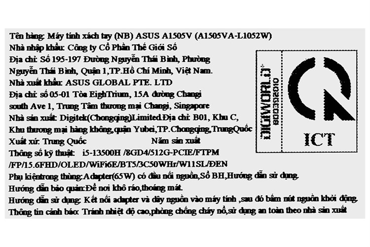 Laptop Asus Vivobook 15 OLED A1505VA i5 13500H/8GB/512GB/Win11 (L1052W) Màu Đen