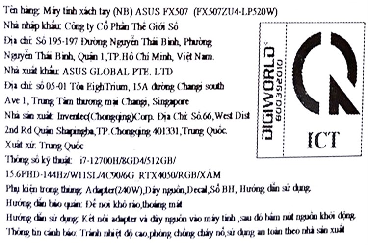 Laptop Asus TUF Gaming F15 FX507ZU4 i7 12700H/8GB/512GB/6GB RTX4050/144Hz/Win11 (LP520W) Màu Xám