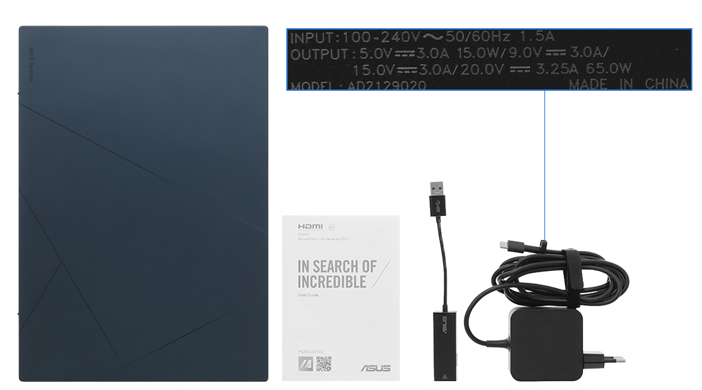 Bộ sản phẩm gồm: Sách hướng dẫn, Thùng máy, Túi xách, Cáp ( USB A - RJ45 ), Sạc Laptop Asus ( 65W USB-C )