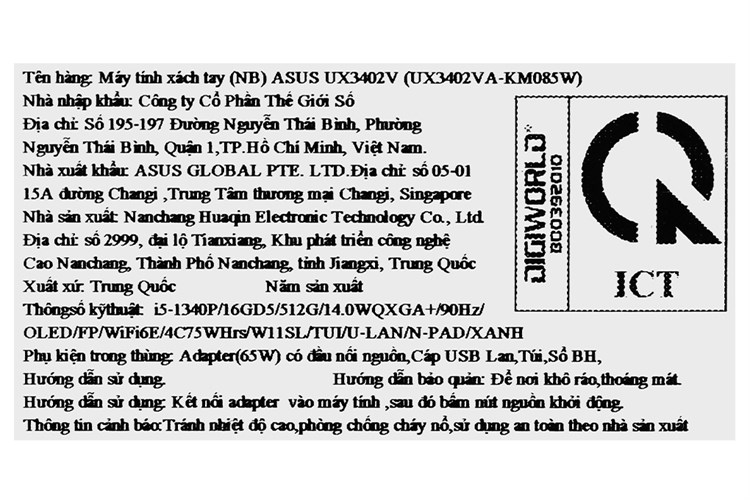 Laptop Asus Zenbook 14 OLED UX3402VA i5 1340P/16GB/512GB/Cáp/Túi/Win11 (KM085W) Màu Xanh