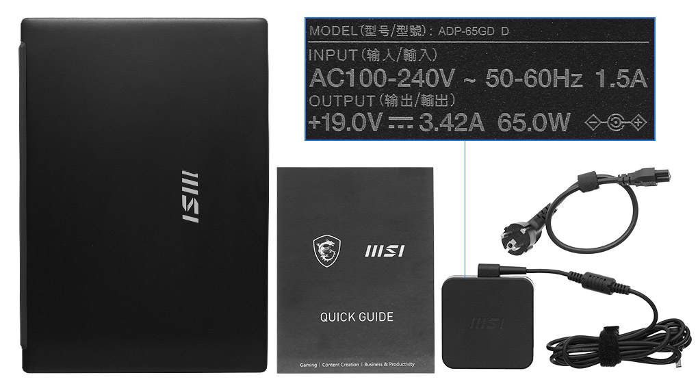 Bộ sản phẩm gồm: Sách hướng dẫn, Thùng máy, Sạc Laptop MSI ( 65W )