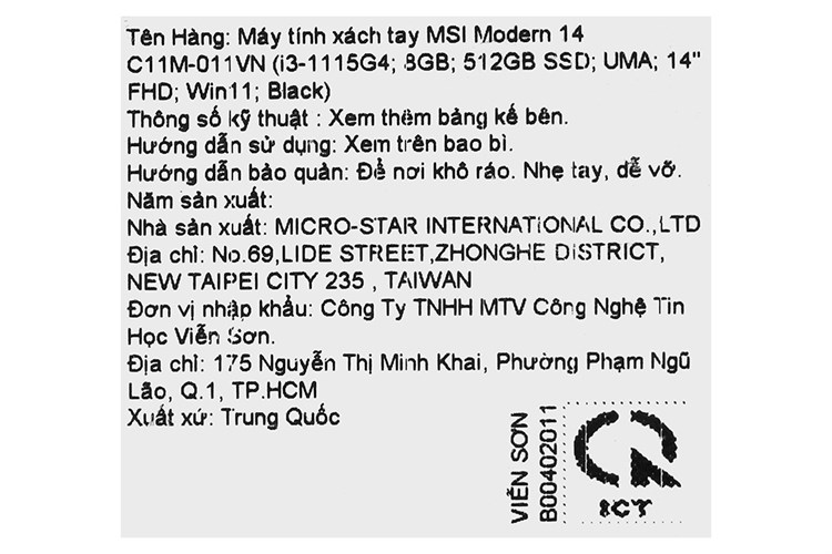 Laptop MSI Modern 14 C11M i3 1115G4/8GB/512GB/Win11 (011VN) Màu Đen