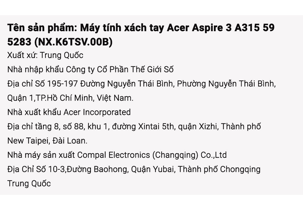 Laptop Acer Aspire 3 A315 59 5283 - NX.K6TSV.00B (i5 1235U, 8GB, 512GB, Full HD, Win11) Màu Bạc