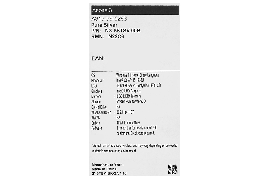 Laptop Acer Aspire 3 A315 59 5283 - NX.K6TSV.00B (i5 1235U, 8GB, 512GB, Full HD, Win11) Màu Bạc