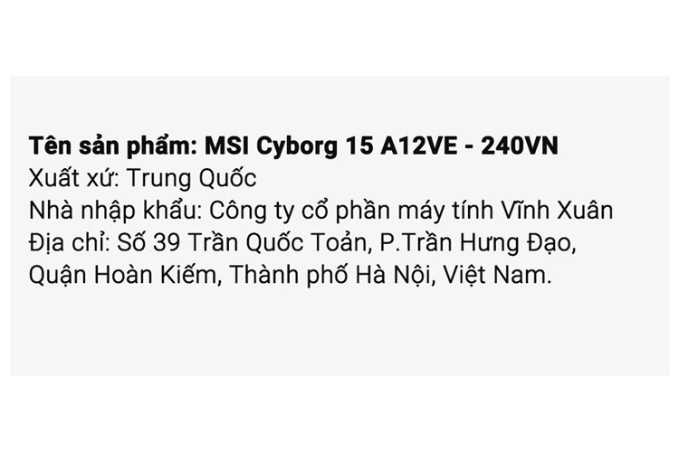 Laptop MSI Gaming Cyborg 15 A12VE i7 12650H/8GB/512GB/6GB RTX4050/144Hz/Balo/Win11 (240VN) Màu Đen