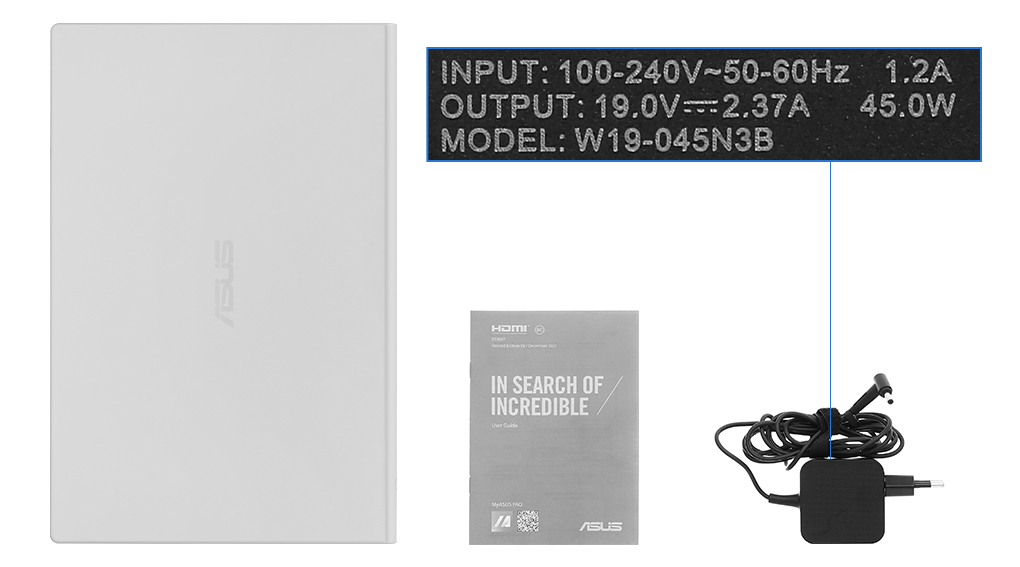 Bộ sản phẩm gồm: Thùng máy, Sạc Laptop Asus ( 45W ), Sách hướng dẫn