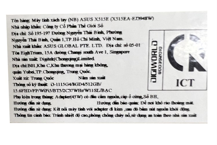 Laptop Asus Vivobook X515EA i3 1115G4/8GB/512GB/Win11 (EJ3948W) Màu Bạc